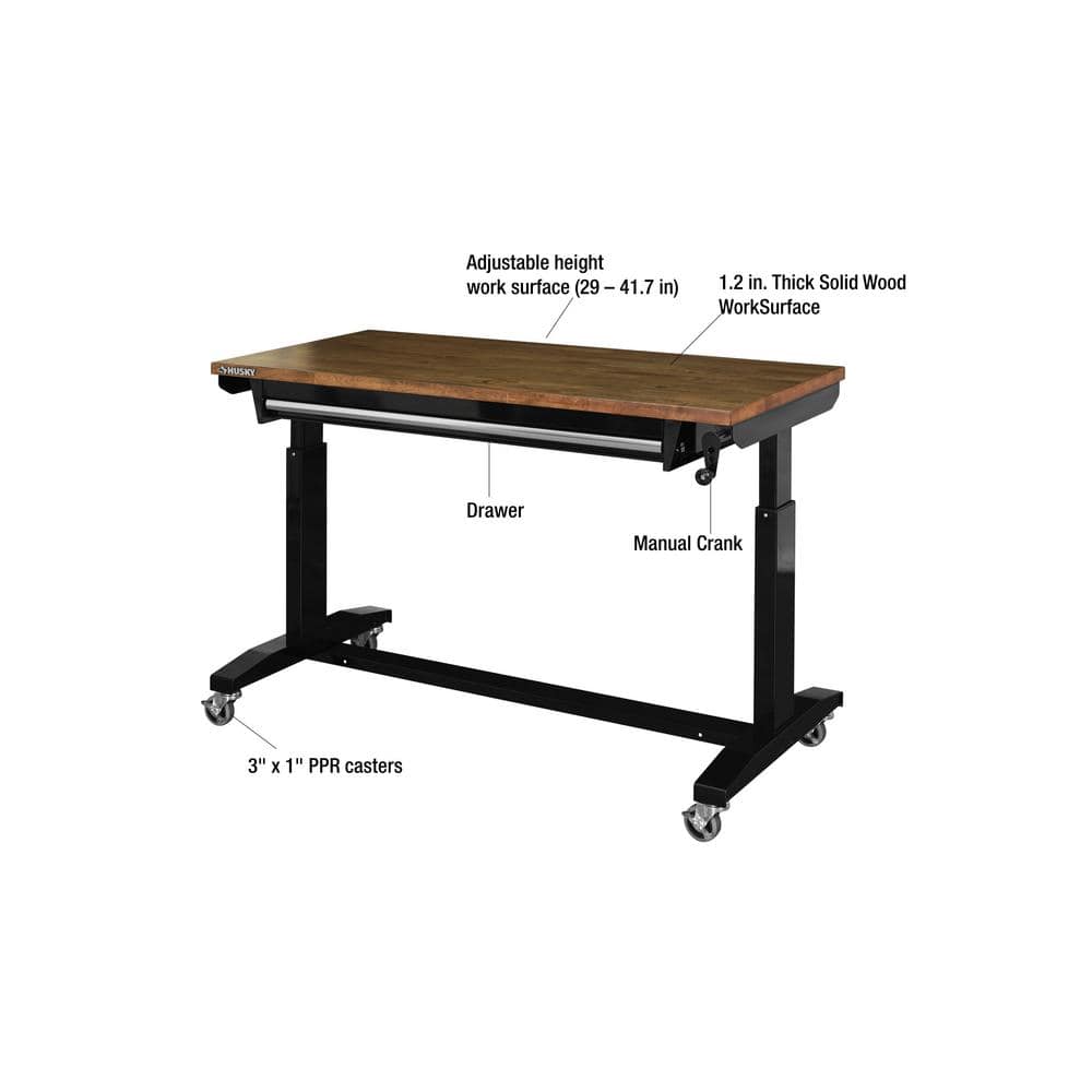 HUSKY - 52 In. W X 24 In. D 1-Drawer Adjustable Height Gloss Black Workbench with Dark Stained Wood Top Serious Techies