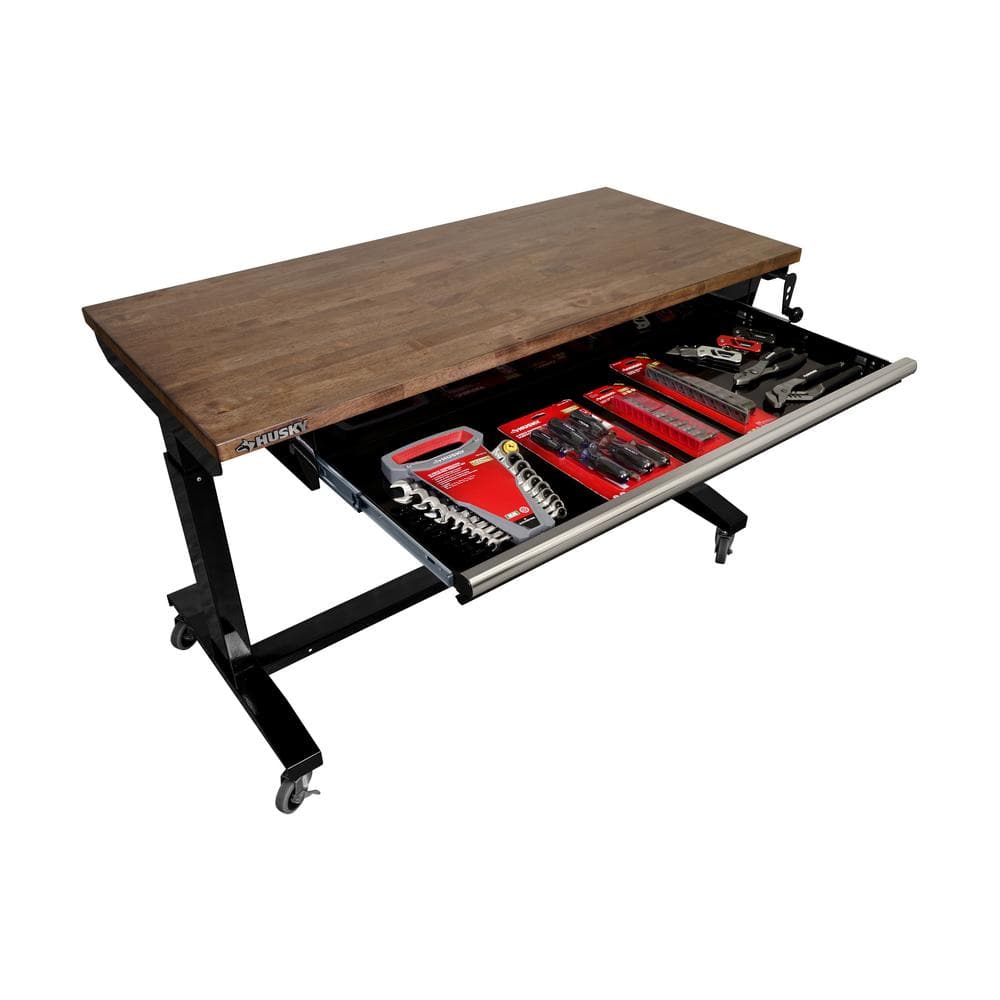 HUSKY - 52 In. W X 24 In. D 1-Drawer Adjustable Height Gloss Black Workbench with Dark Stained Wood Top Serious Techies