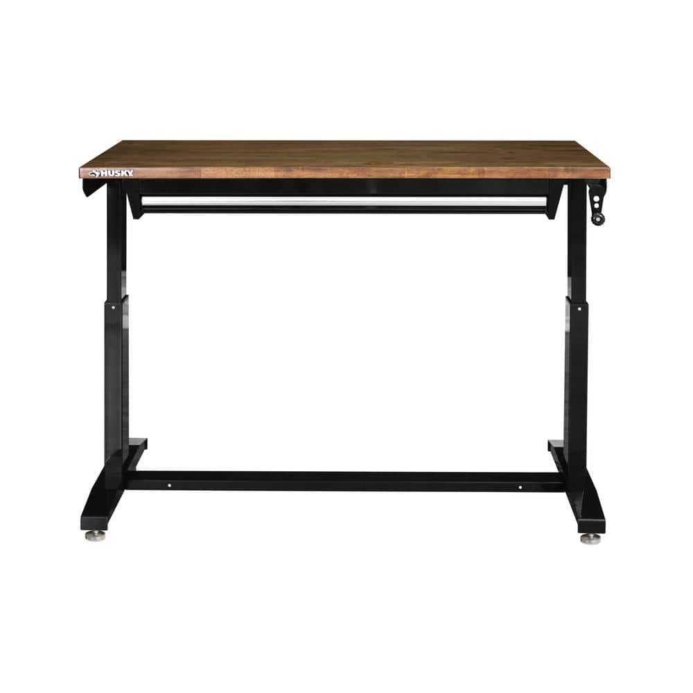 HUSKY - 52 In. W X 24 In. D 1-Drawer Adjustable Height Gloss Black Workbench with Dark Stained Wood Top Serious Techies