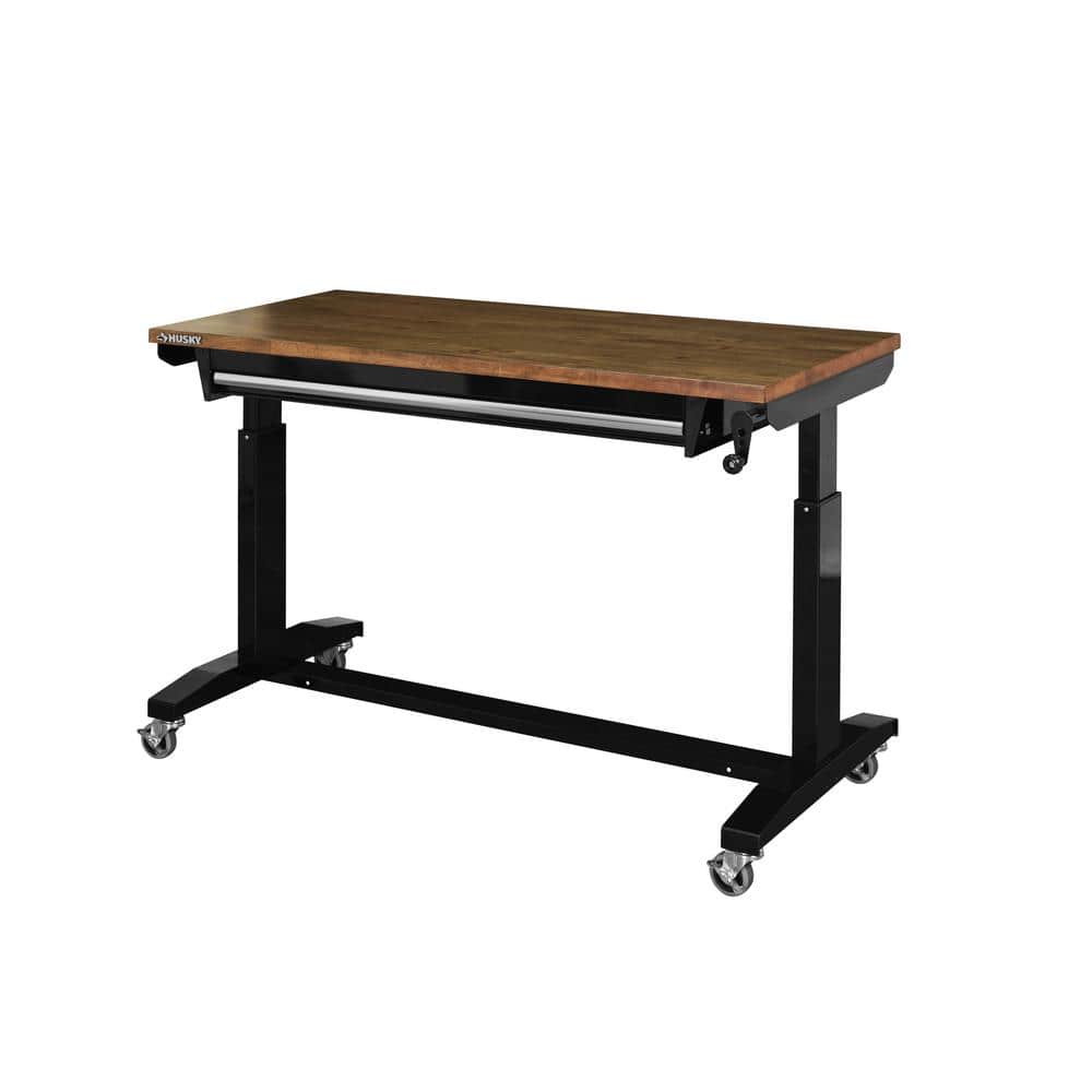 HUSKY - 52 In. W X 24 In. D 1-Drawer Adjustable Height Gloss Black Workbench with Dark Stained Wood Top Serious Techies