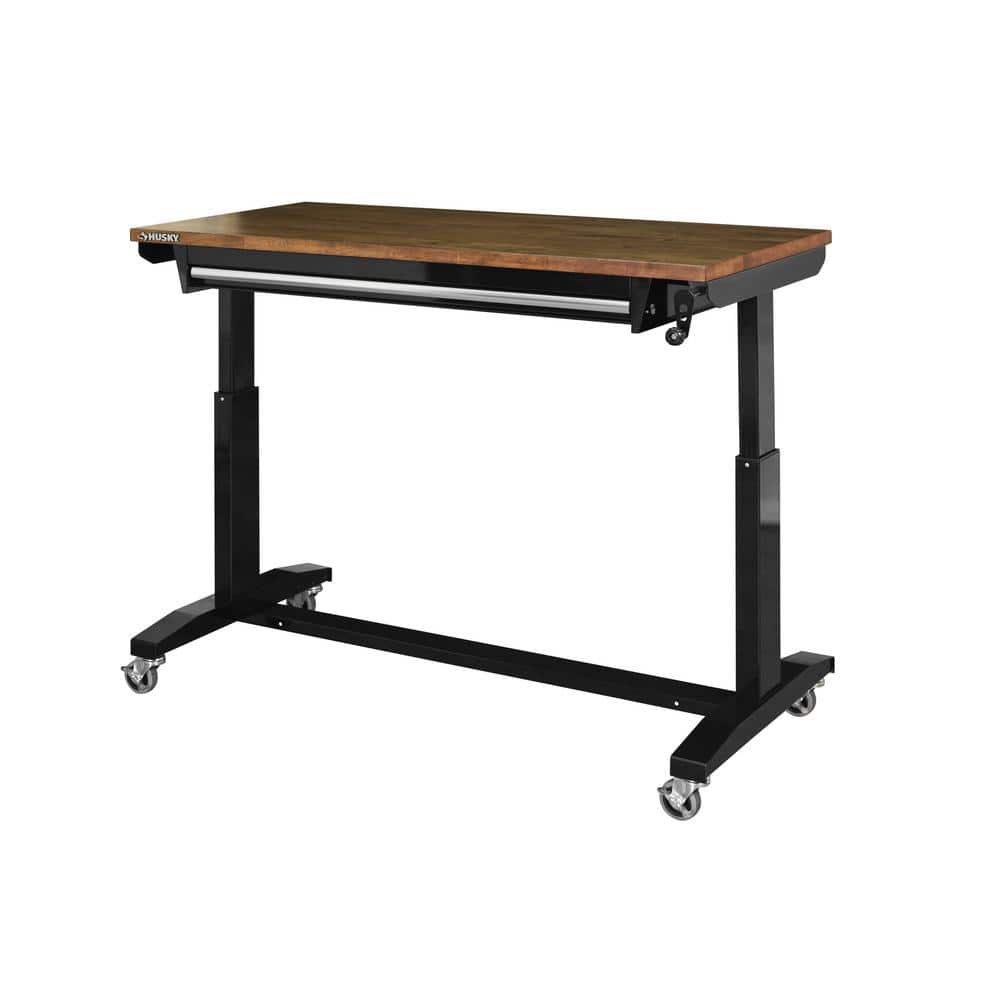 HUSKY - 52 In. W X 24 In. D 1-Drawer Adjustable Height Gloss Black Workbench with Dark Stained Wood Top Serious Techies