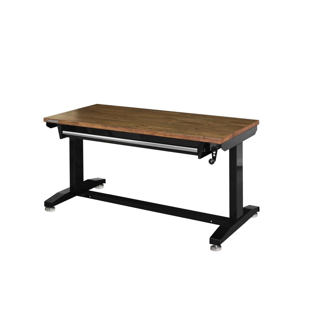 HUSKY - 52 In. W X 24 In. D 1-Drawer Adjustable Height Gloss Black Workbench with Dark Stained Wood Top Serious Techies