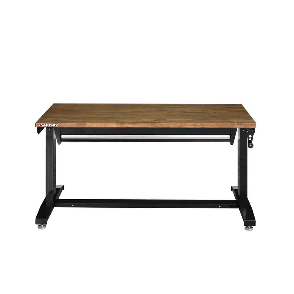 HUSKY - 52 In. W X 24 In. D 1-Drawer Adjustable Height Gloss Black Workbench with Dark Stained Wood Top Serious Techies
