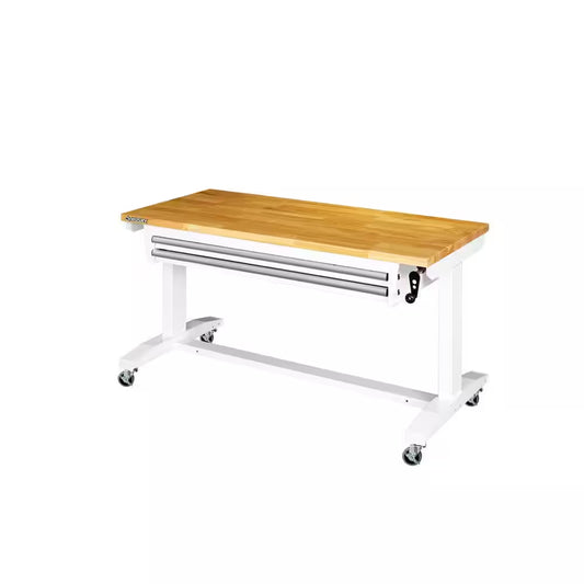 52 In. W X 24 In. D 2-Drawer Adjustable Height White Workbench Table with Solid Wood Top