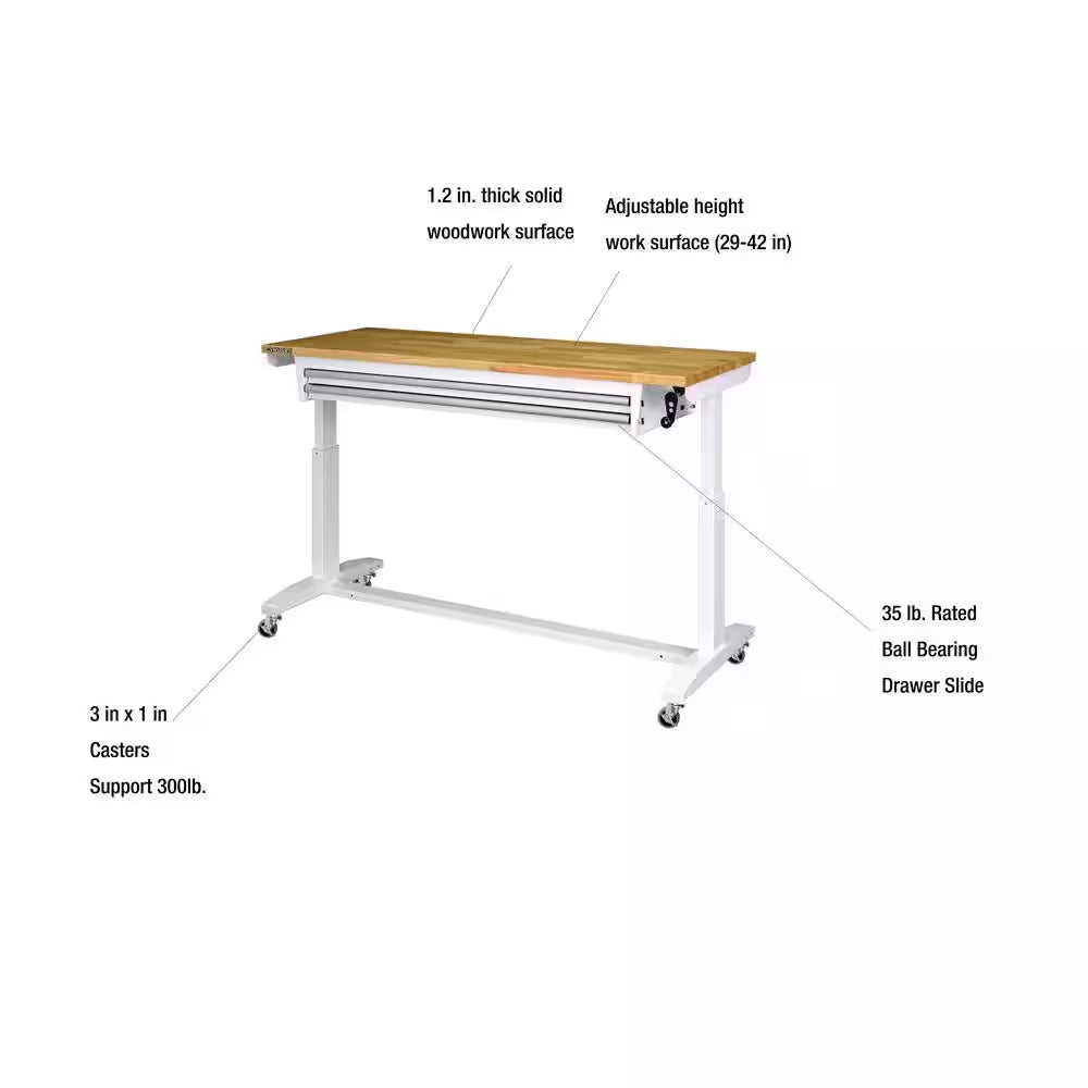52 In. W X 24 In. D 2-Drawer Adjustable Height White Workbench Table with Solid Wood Top