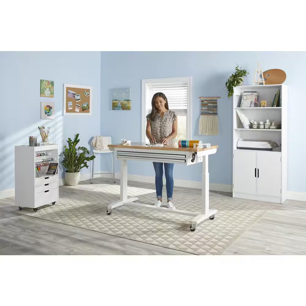 52 In. W X 24 In. D 2-Drawer Adjustable Height White Workbench Table with Solid Wood Top