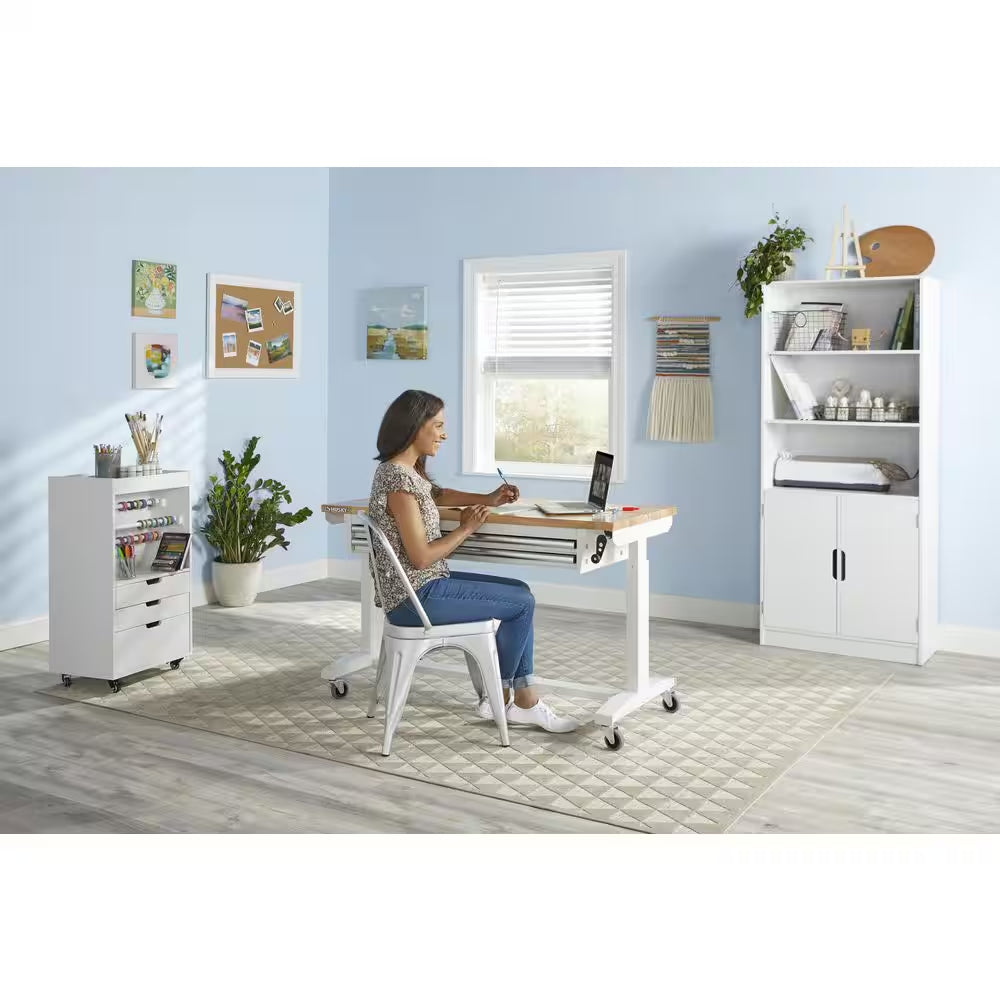 52 In. W X 24 In. D 2-Drawer Adjustable Height White Workbench Table with Solid Wood Top