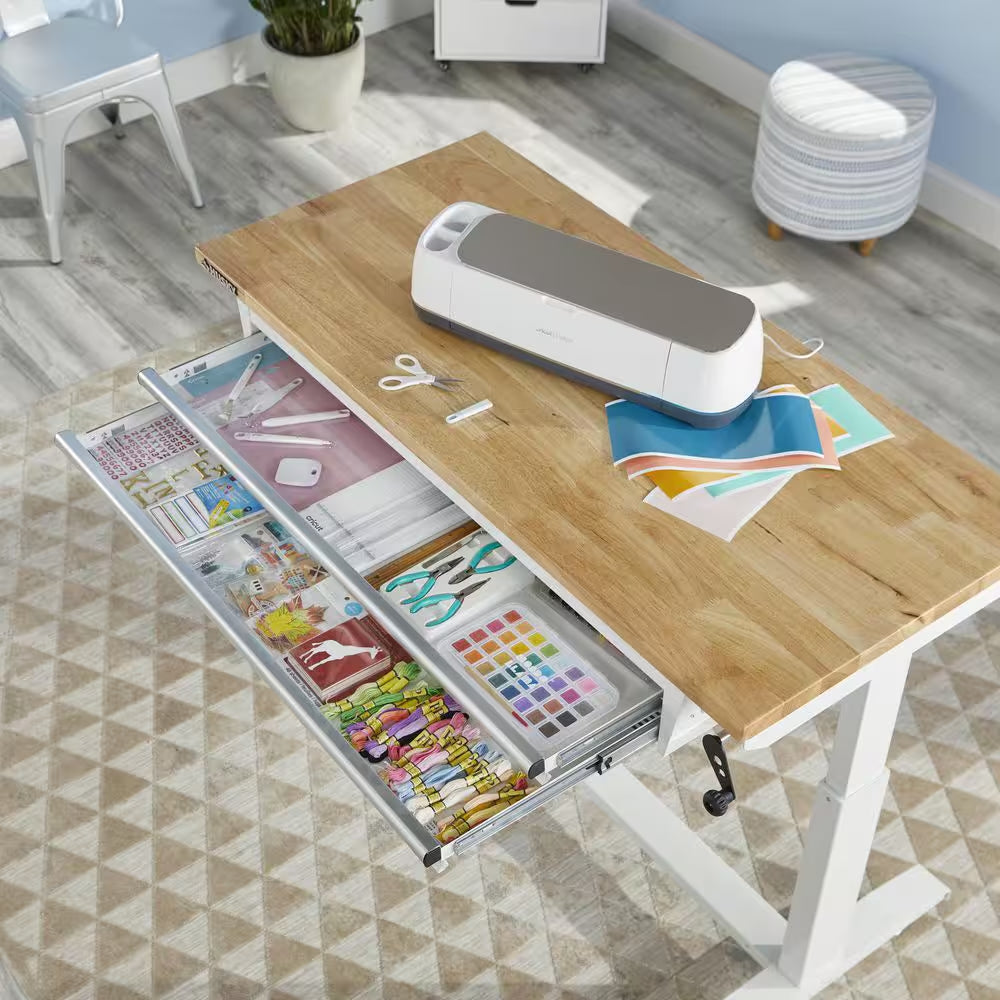 52 In. W X 24 In. D 2-Drawer Adjustable Height White Workbench Table with Solid Wood Top