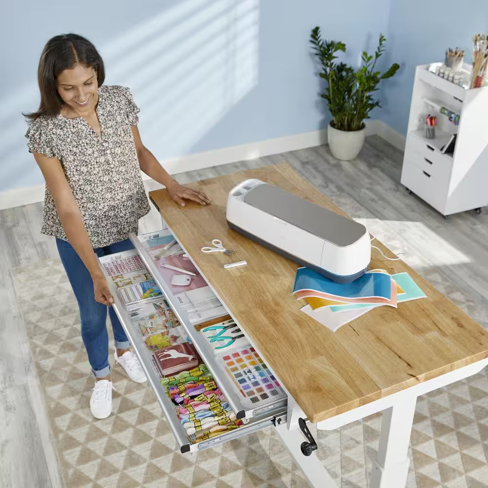 52 In. W X 24 In. D 2-Drawer Adjustable Height White Workbench Table with Solid Wood Top