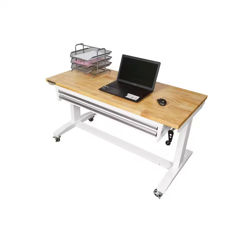 52 In. W X 24 In. D 2-Drawer Adjustable Height White Workbench Table with Solid Wood Top
