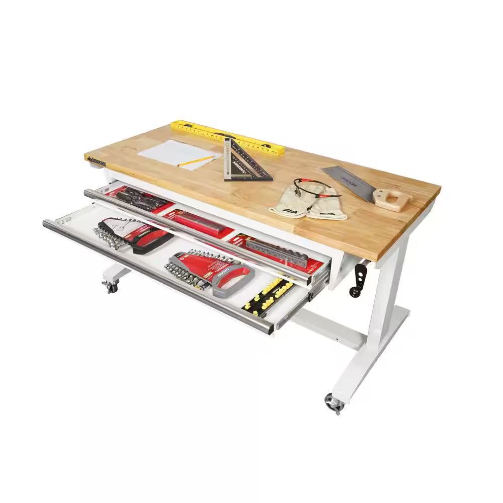 52 In. W X 24 In. D 2-Drawer Adjustable Height White Workbench Table with Solid Wood Top