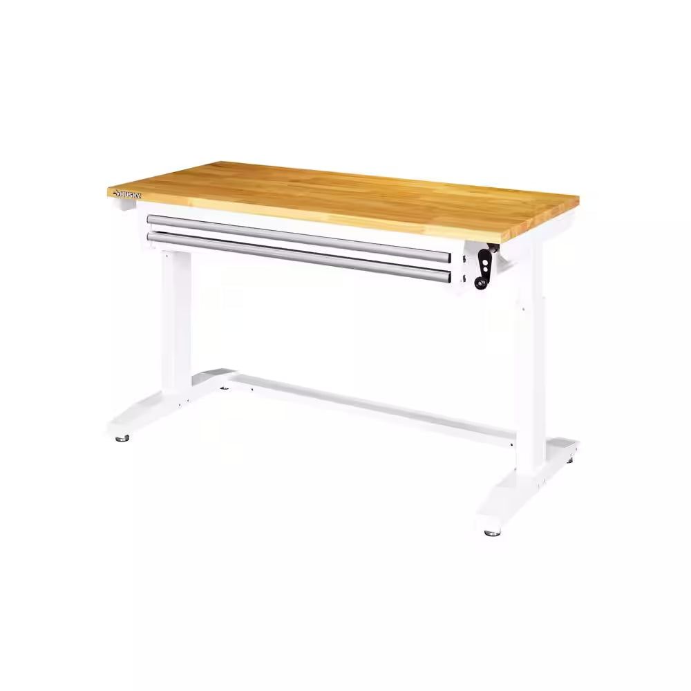 52 In. W X 24 In. D 2-Drawer Adjustable Height White Workbench Table with Solid Wood Top