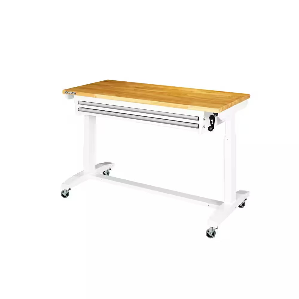 52 In. W X 24 In. D 2-Drawer Adjustable Height White Workbench Table with Solid Wood Top