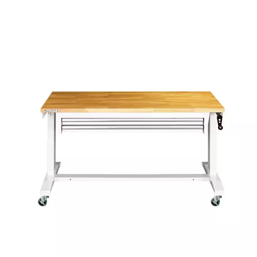 52 In. W X 24 In. D 2-Drawer Adjustable Height White Workbench Table with Solid Wood Top