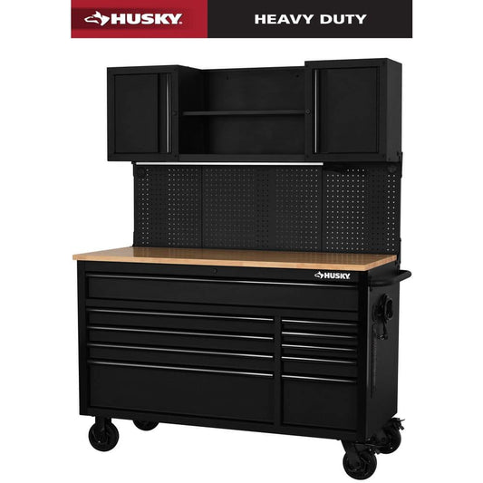 Husky - 56 In. W X 27.6 In. D 10-Drawer Matte Black Heavy-Duty Mobile Workbench with Pegboard and Top Cabinets - Serious Techies