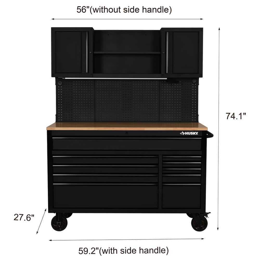 Husky - 56 In. W X 27.6 In. D 10-Drawer Matte Black Heavy-Duty Mobile Workbench with Pegboard and Top Cabinets - Serious Techies
