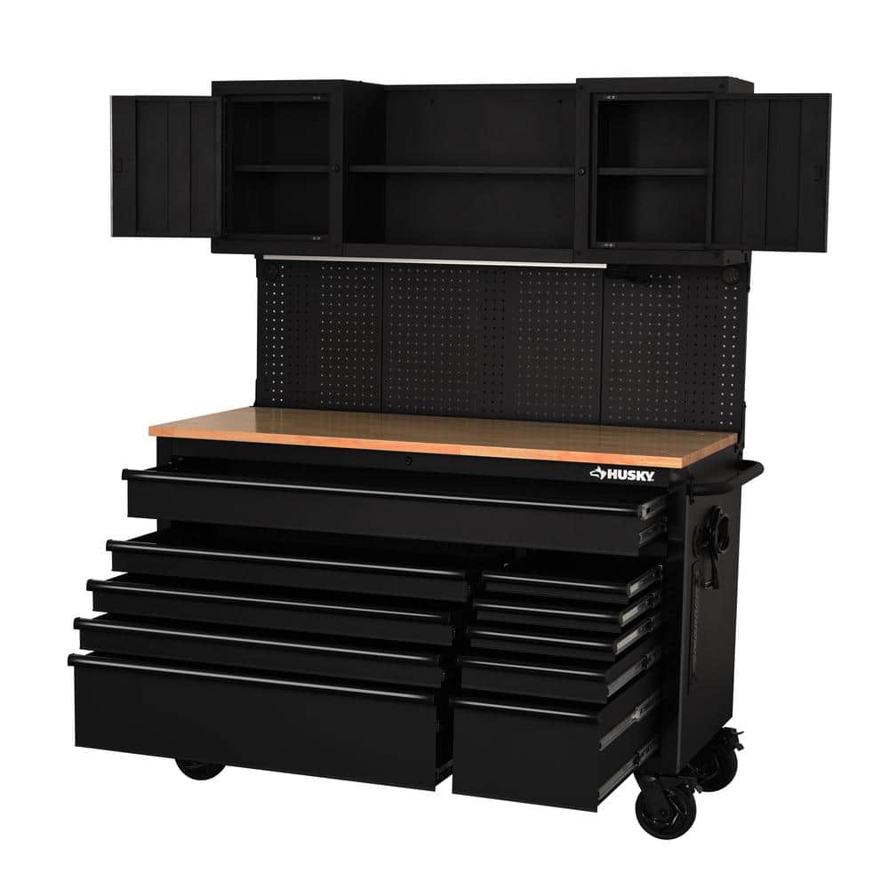 Husky - 56 In. W X 27.6 In. D 10-Drawer Matte Black Heavy-Duty Mobile Workbench with Pegboard and Top Cabinets - Serious Techies