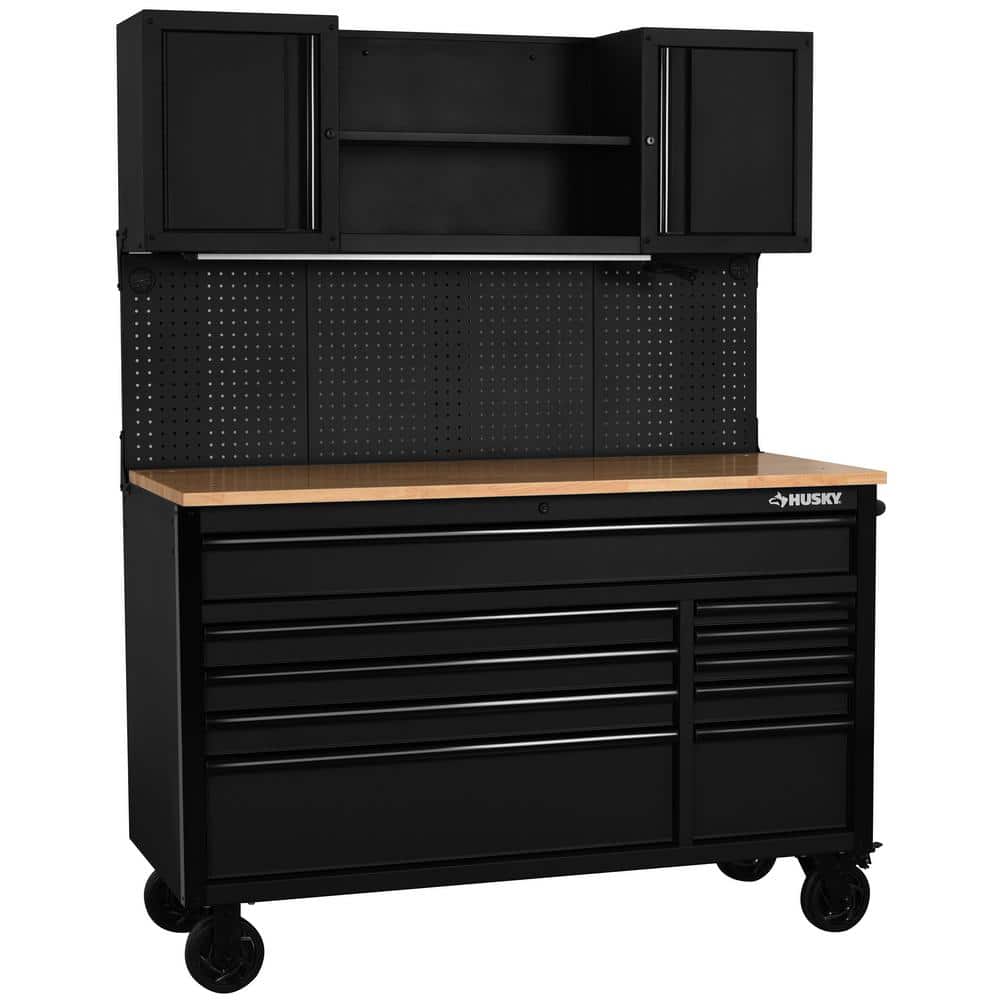 Husky - 56 In. W X 27.6 In. D 10-Drawer Matte Black Heavy-Duty Mobile Workbench with Pegboard and Top Cabinets - Serious Techies