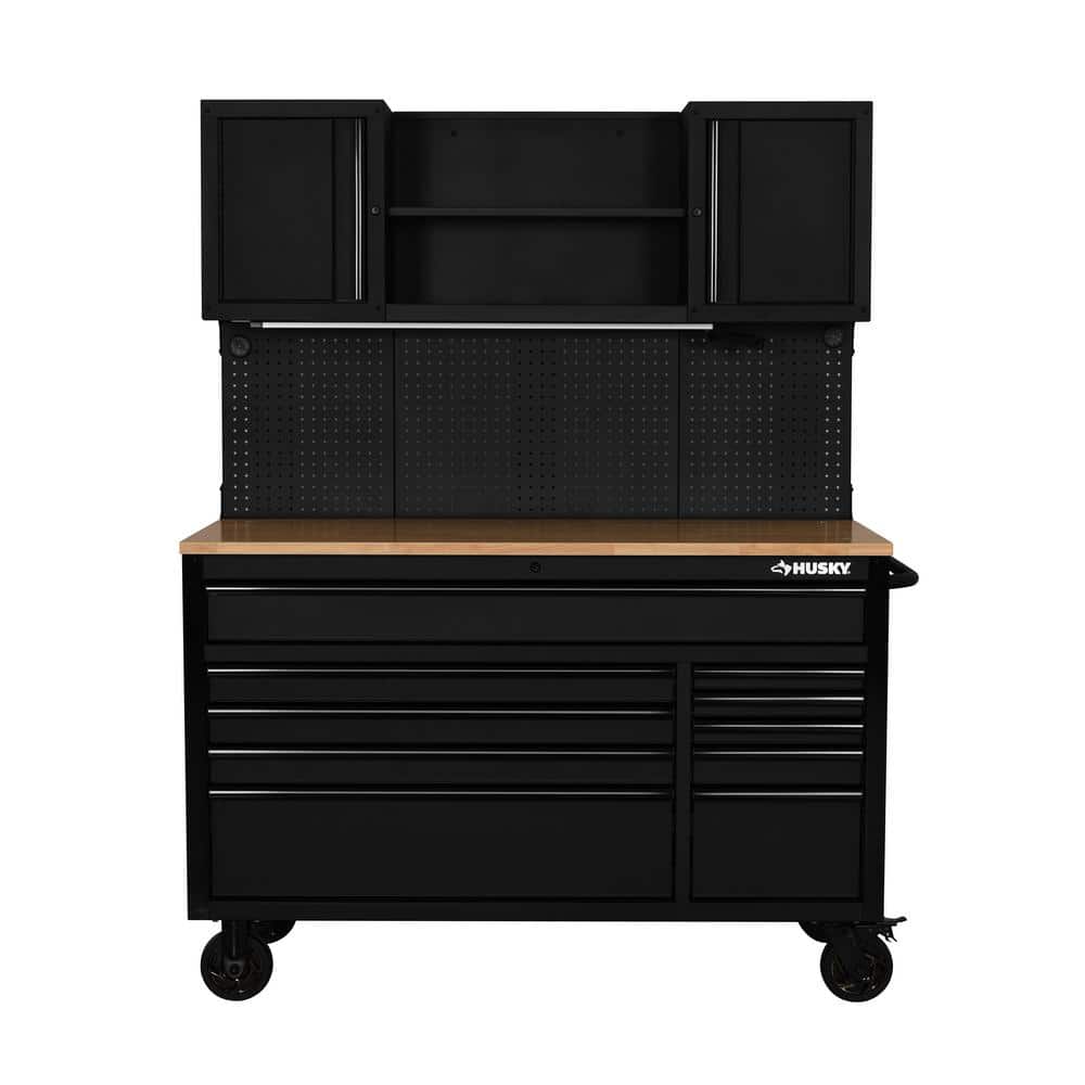 Husky - 56 In. W X 27.6 In. D 10-Drawer Matte Black Heavy-Duty Mobile Workbench with Pegboard and Top Cabinets - Serious Techies