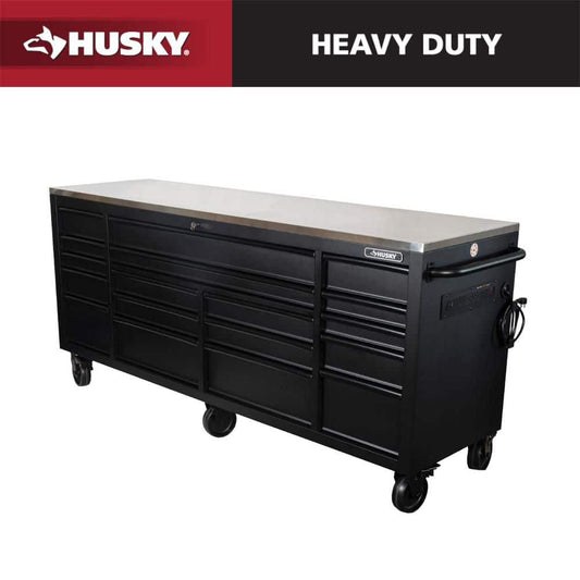 Husky - 84 In. W X 24 In. D 18-Drawer Heavy-Duty Mobile Workbench with Stainless Steel Top in Matte Black - Serious Techies