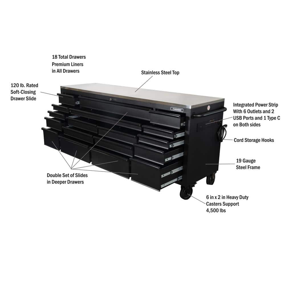 Husky - 84 In. W X 24 In. D 18-Drawer Heavy-Duty Mobile Workbench with Stainless Steel Top in Matte Black - Serious Techies