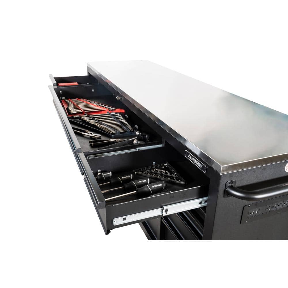 Husky - 84 In. W X 24 In. D 18-Drawer Heavy-Duty Mobile Workbench with Stainless Steel Top in Matte Black - Serious Techies