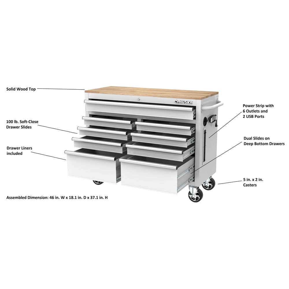 HUSKY - Tool Storage 46 In. W X 18 In. D 9-Drawer Gloss White Mobile Workbench Cabinet - Serious Techies