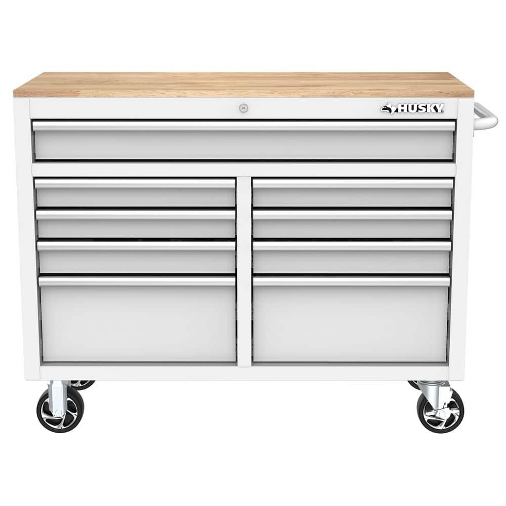 HUSKY - Tool Storage 46 In. W X 18 In. D 9-Drawer Gloss White Mobile Workbench Cabinet - Serious Techies