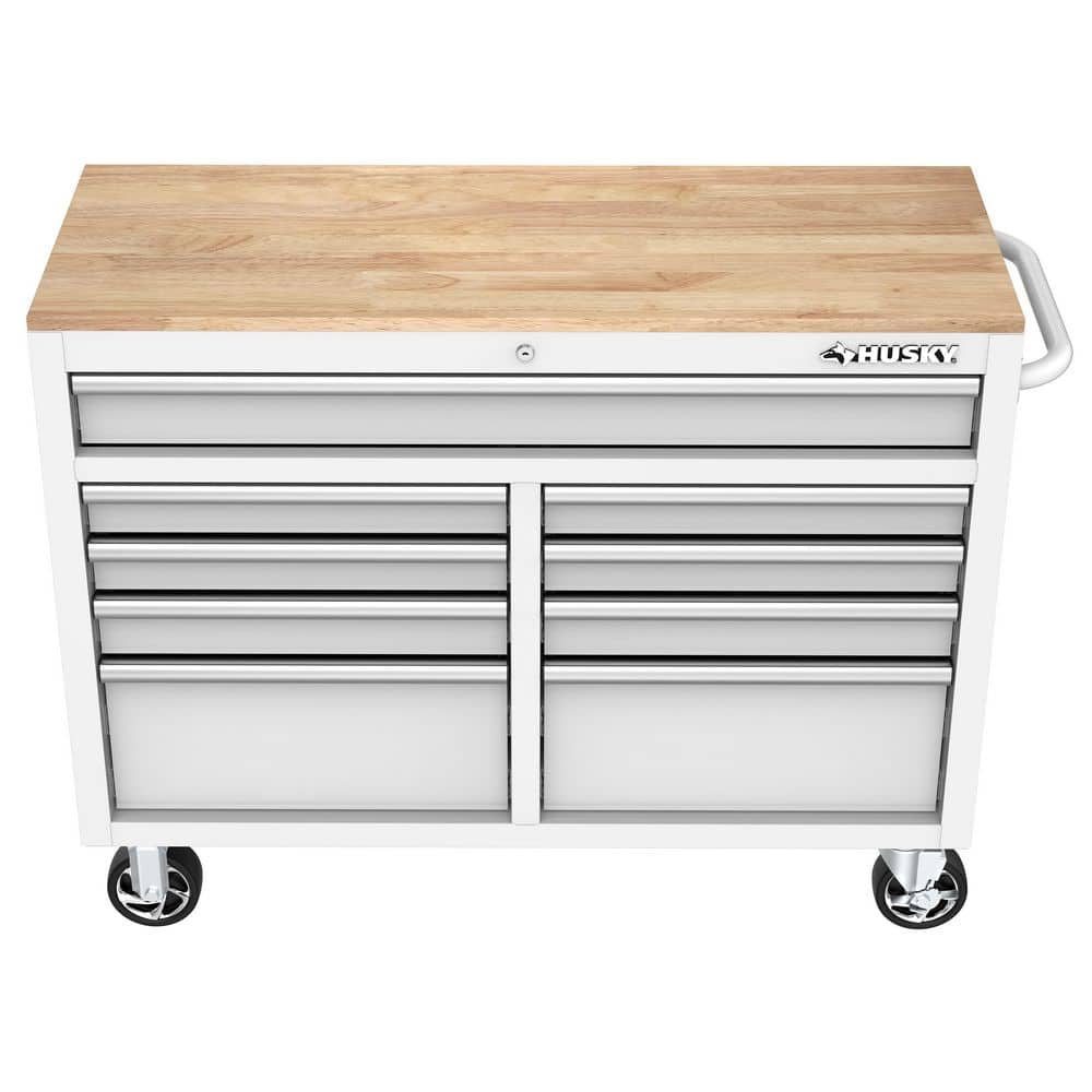 HUSKY - Tool Storage 46 In. W X 18 In. D 9-Drawer Gloss White Mobile Workbench Cabinet - Serious Techies