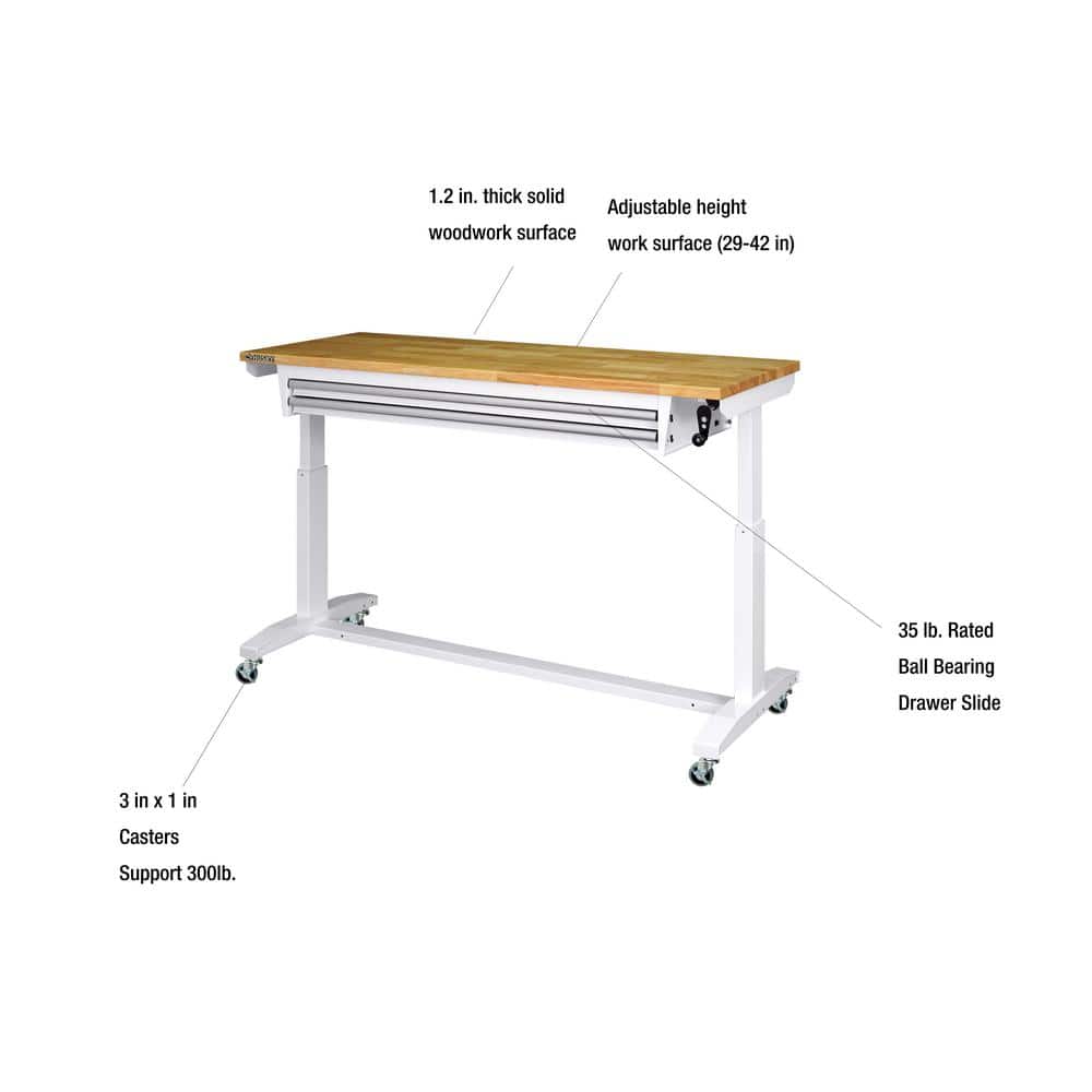 HUSKY - Tool Storage 62 In. W White Adjustable Height Work Table with 2-Drawers - Serious Techies