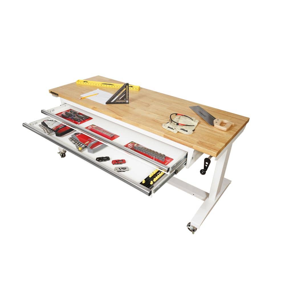 HUSKY - Tool Storage 62 In. W White Adjustable Height Work Table with 2-Drawers - Serious Techies