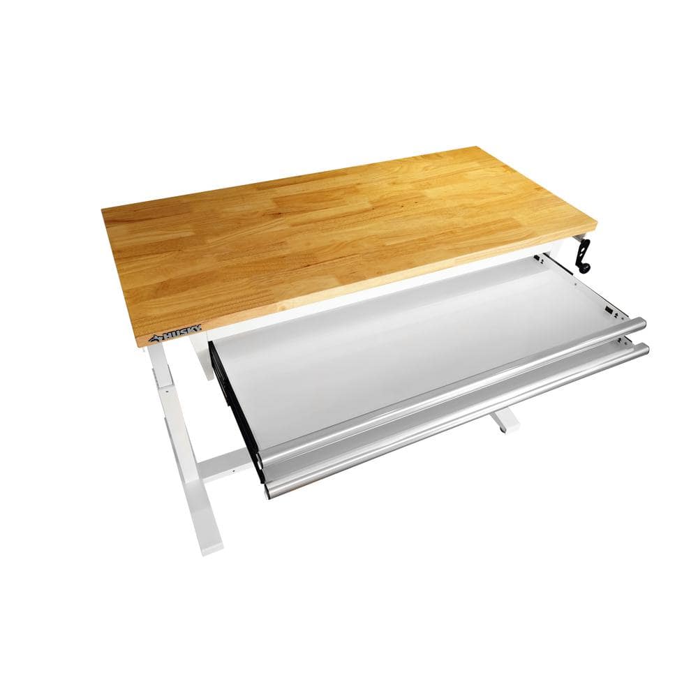 HUSKY - Tool Storage 62 In. W White Adjustable Height Work Table with 2-Drawers - Serious Techies