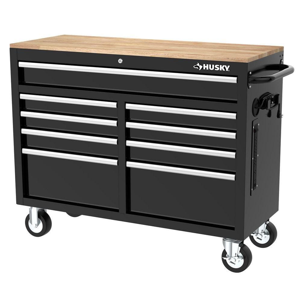 HUSKY - Tool Storage 46 In. W X 18 In. D 9-Drawer Mobile Workbench Cabinet in Gloss Black - Serious Techies