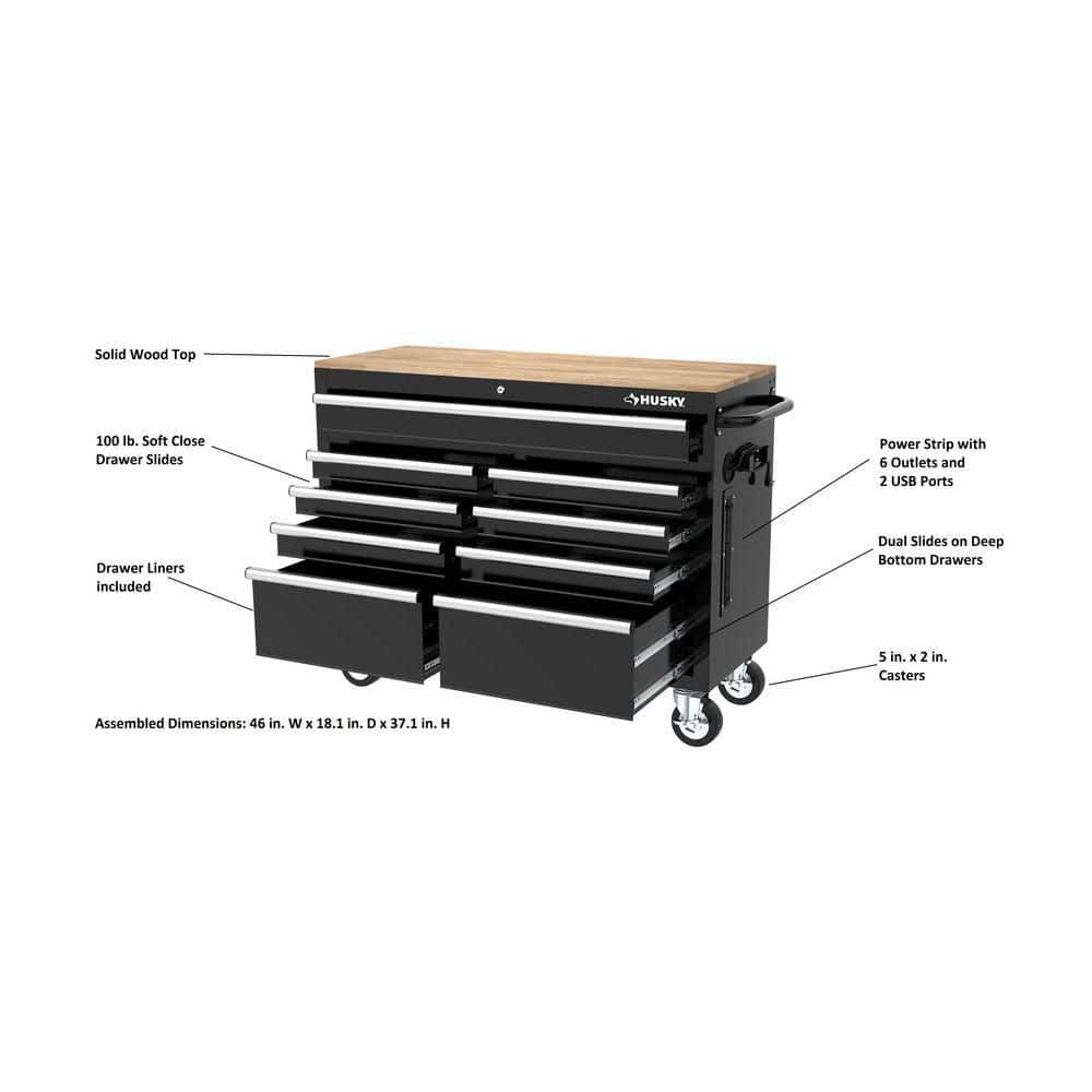 HUSKY - Tool Storage 46 In. W X 18 In. D 9-Drawer Mobile Workbench Cabinet in Gloss Black - Serious Techies