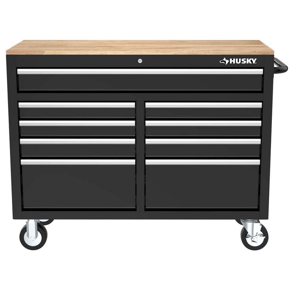 HUSKY - Tool Storage 46 In. W X 18 In. D 9-Drawer Mobile Workbench Cabinet in Gloss Black - Serious Techies