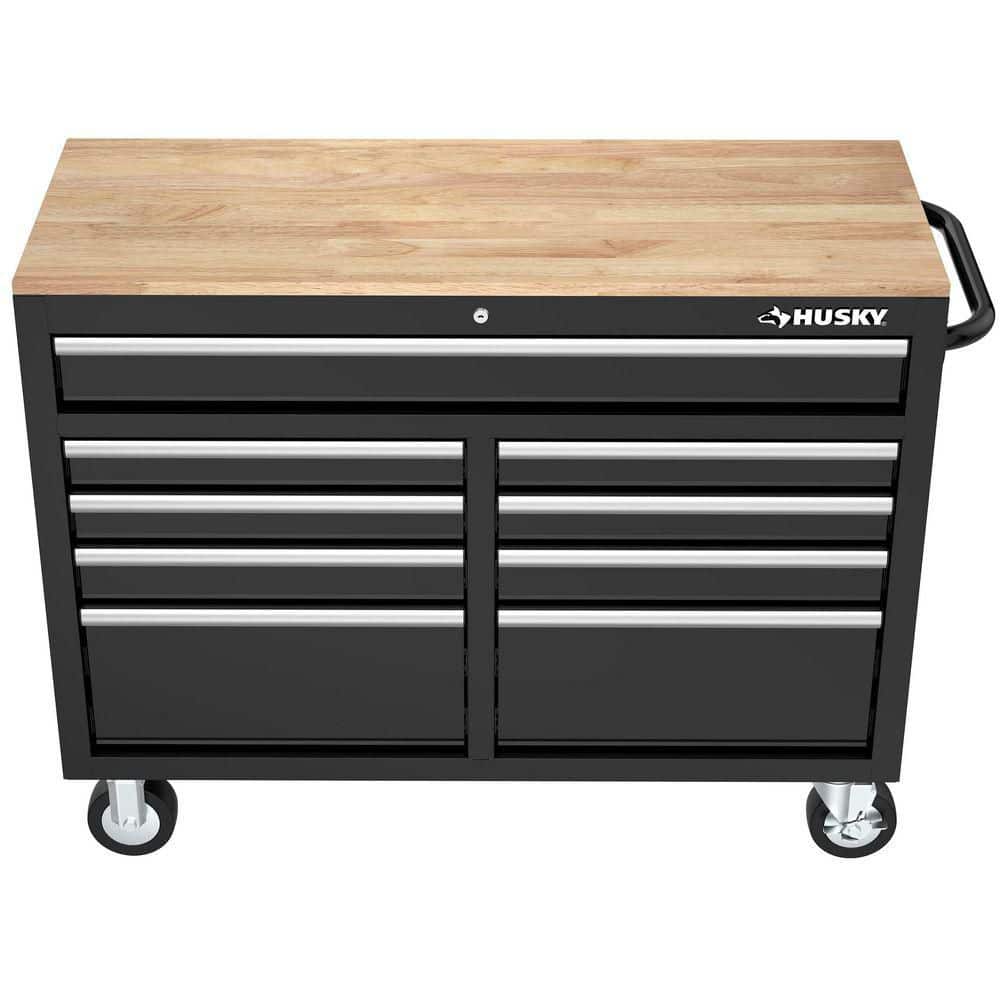 HUSKY - Tool Storage 46 In. W X 18 In. D 9-Drawer Mobile Workbench Cabinet in Gloss Black - Serious Techies