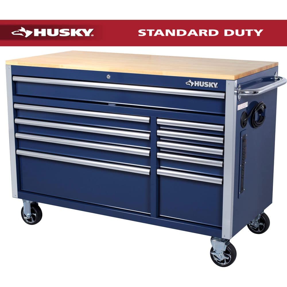 HUSKY - 52 In. W X 25 In. D 10-Drawer Mobile Workbench Tool Chest with Solid Wood Work Top in Gloss Blue - Serious Techies