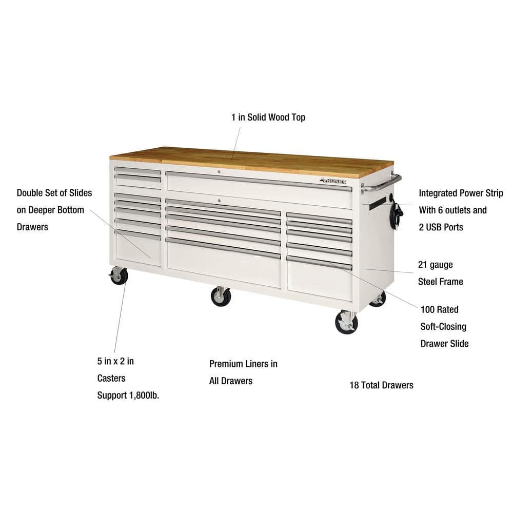 Husky - Tool Storage 72 In. W Standard Duty Gloss White Mobile Workbench Tool Chest - Serious Techies