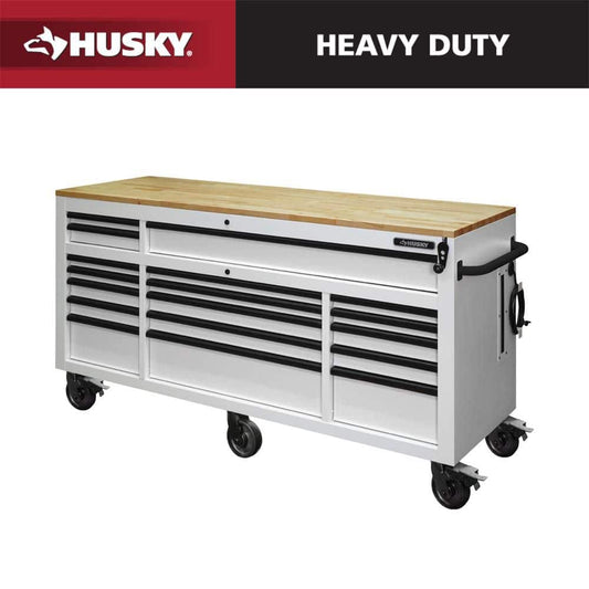 Husky - Tool Storage 72 In. W X 24 In. D 18-Drawer Heavy Duty Adjustable Height Mobile Workbench Cabinet in Matte White - Serious Techies