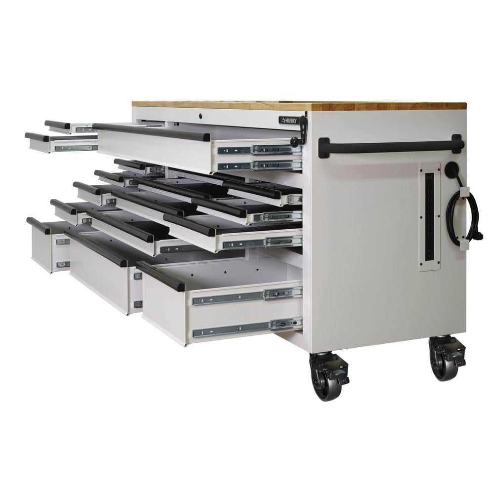 Husky - Tool Storage 72 In. W X 24 In. D 18-Drawer Heavy Duty Adjustable Height Mobile Workbench Cabinet in Matte White - Serious Techies