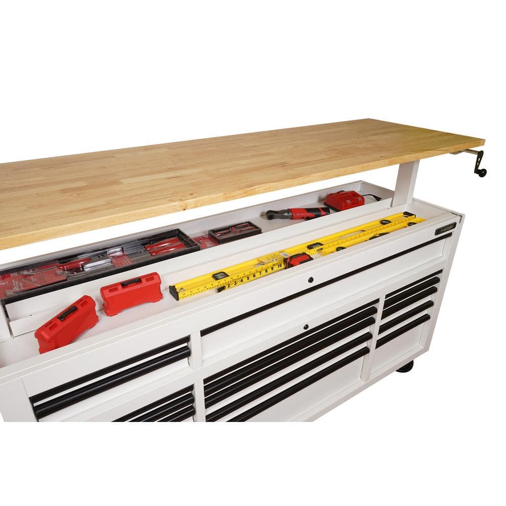 Husky - Tool Storage 72 In. W X 24 In. D 18-Drawer Heavy Duty Adjustable Height Mobile Workbench Cabinet in Matte White - Serious Techies