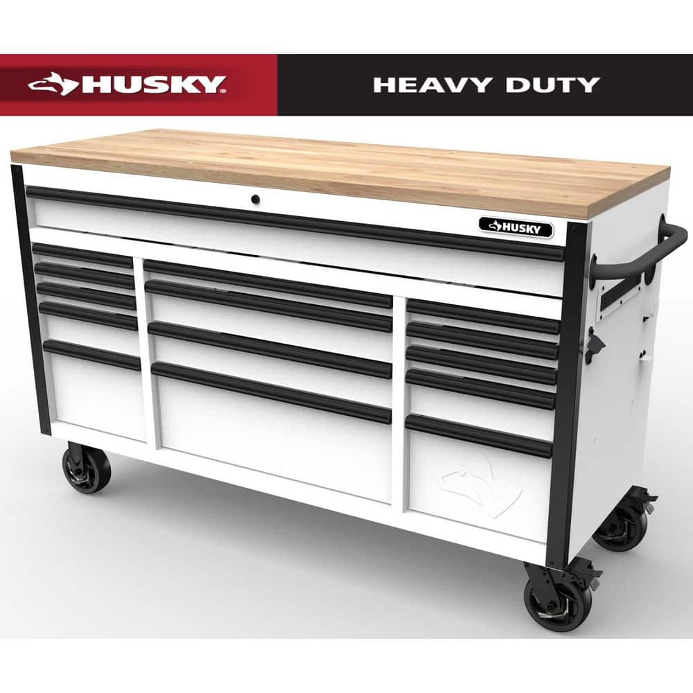 Husky - Tool Storage 72 In. W X 24 In. D 18-Drawer Heavy Duty Adjustable Height Mobile Workbench Cabinet in Matte White - Serious Techies