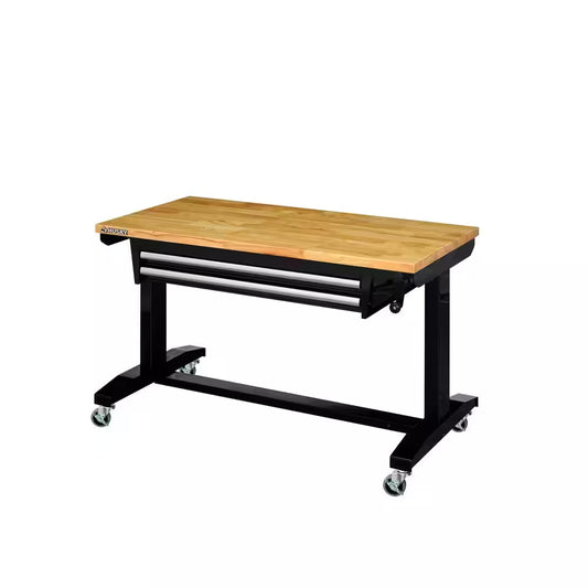 Tool Storage 46 In. W X 24 In. D 2-Drawer Adjustable Height Black Worktable with Solid Wood Top
