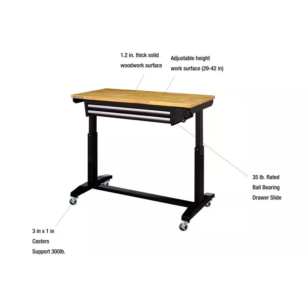 Tool Storage 46 In. W X 24 In. D 2-Drawer Adjustable Height Black Worktable with Solid Wood Top