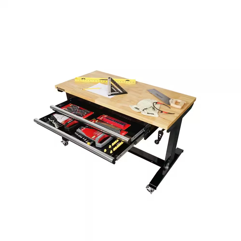Tool Storage 46 In. W X 24 In. D 2-Drawer Adjustable Height Black Worktable with Solid Wood Top