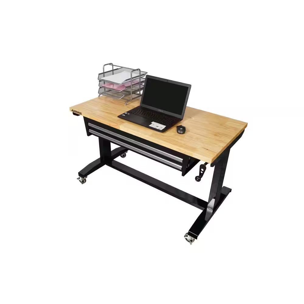 Tool Storage 46 In. W X 24 In. D 2-Drawer Adjustable Height Black Worktable with Solid Wood Top