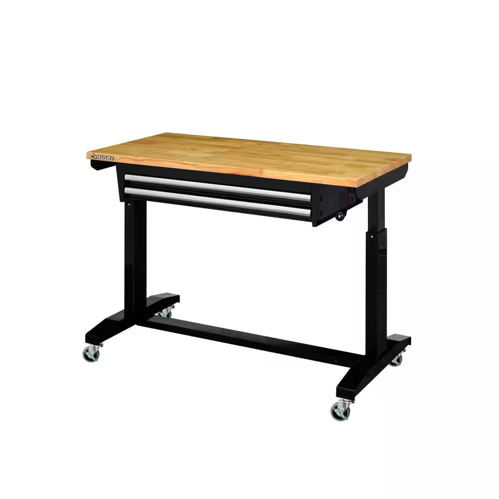 Tool Storage 46 In. W X 24 In. D 2-Drawer Adjustable Height Black Worktable with Solid Wood Top