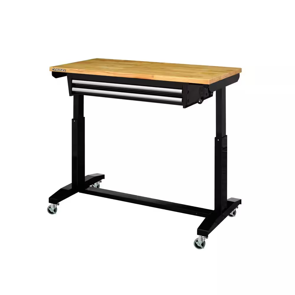 Tool Storage 46 In. W X 24 In. D 2-Drawer Adjustable Height Black Worktable with Solid Wood Top
