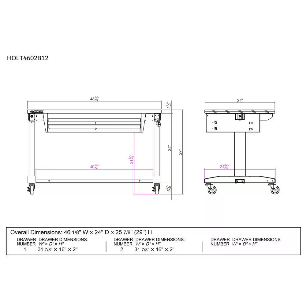 Tool Storage 46 In. W X 24 In. D 2-Drawer Adjustable Height Black Worktable with Solid Wood Top