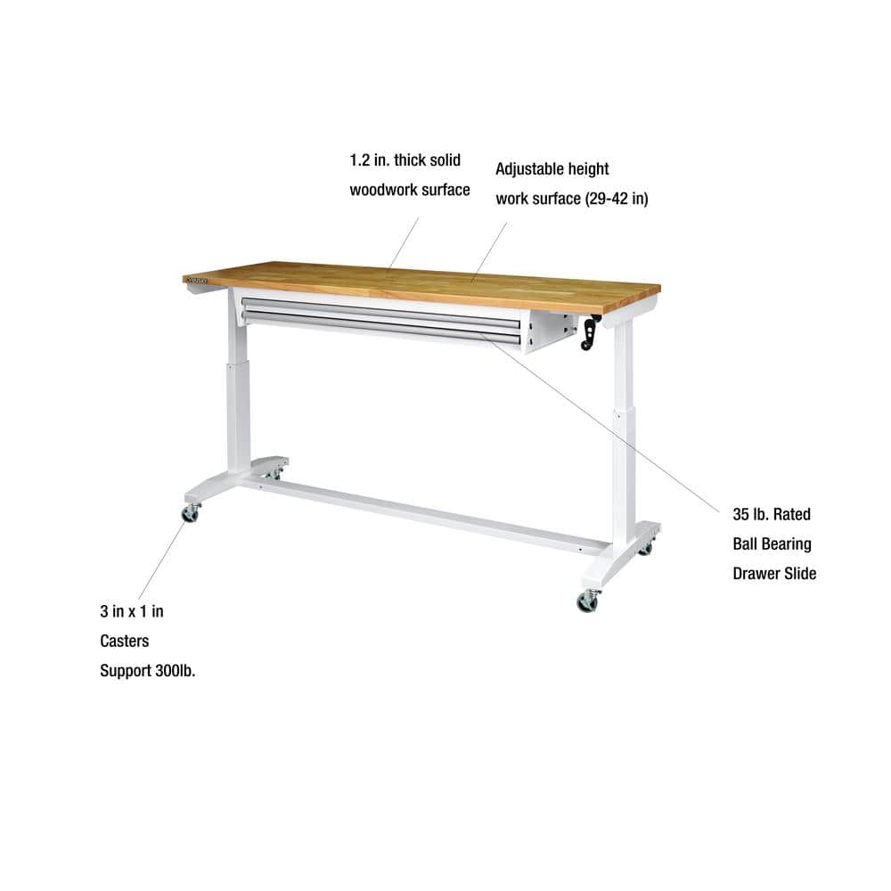 HUSKY - 72 In. W X 24 In. D 2-Drawer Adjustable Height White Worktable with Solid Wood Top - Serious Techies